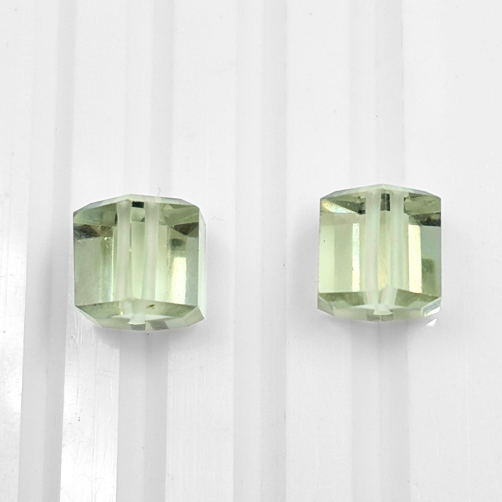 Green Amethyst Beads Pair, Faceted Cube Gemstone, 10mm