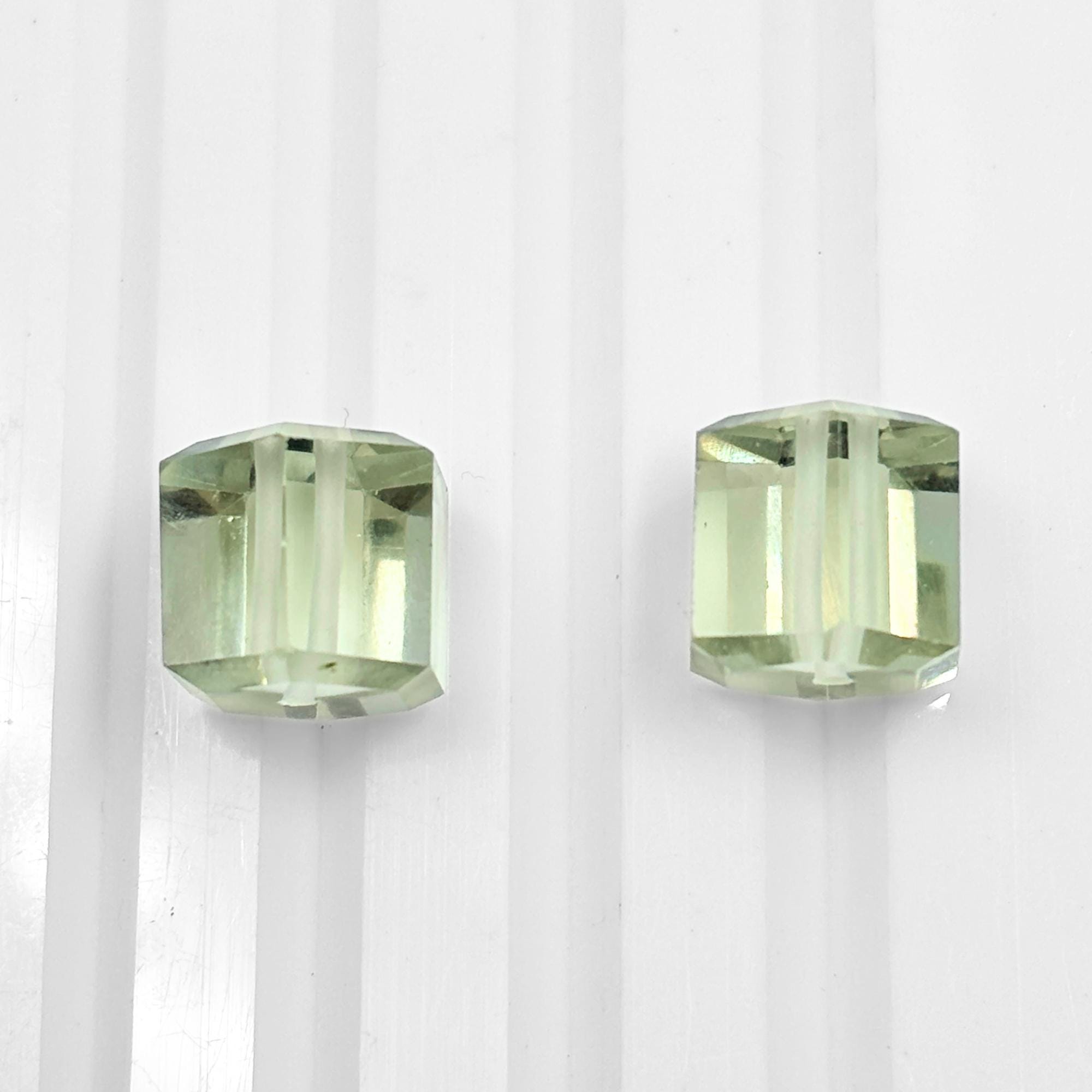Green Amethyst Beads Pair, Faceted Cube Gemstone, 10mm