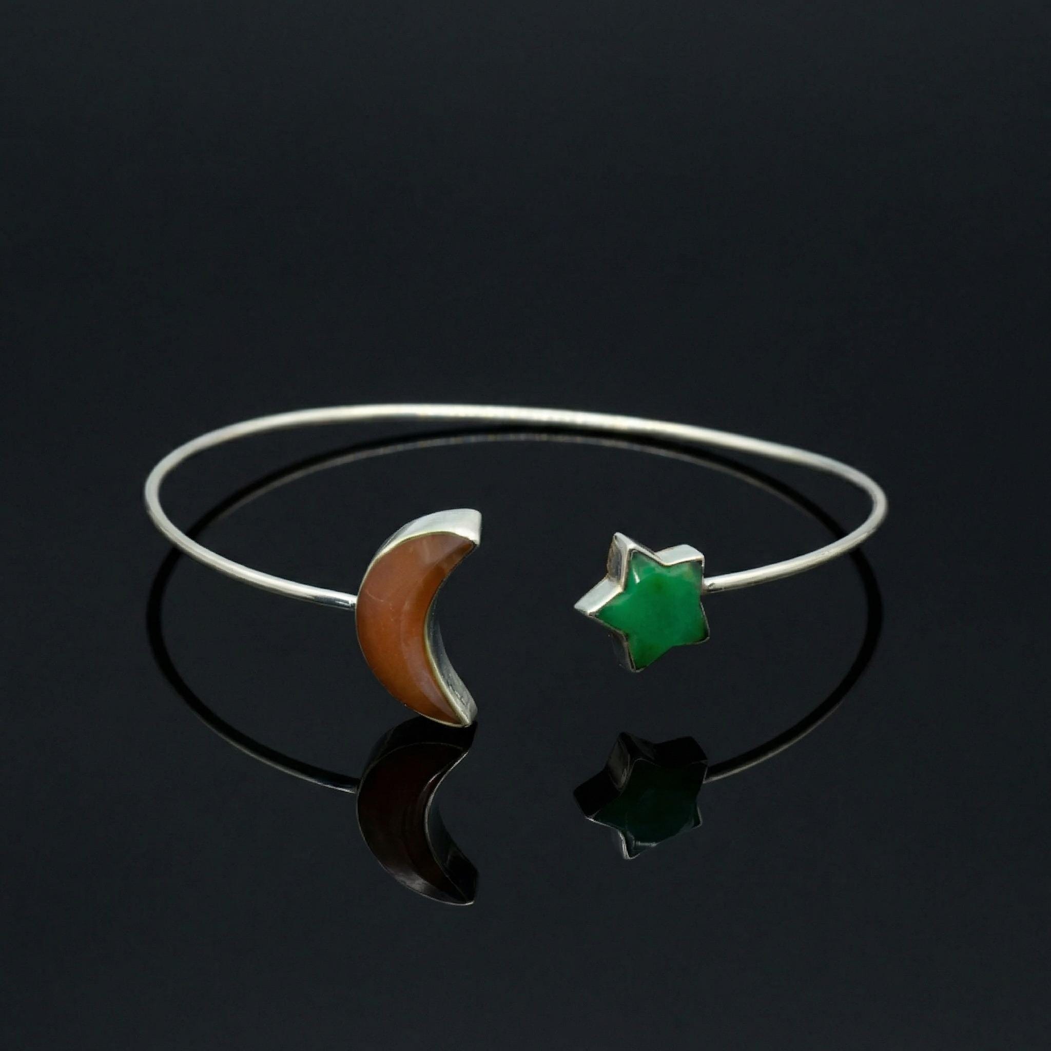 Sterling Silver Moonstone Aventurine Cuff Bangle | Celestial Boho Gemstone Jewelry