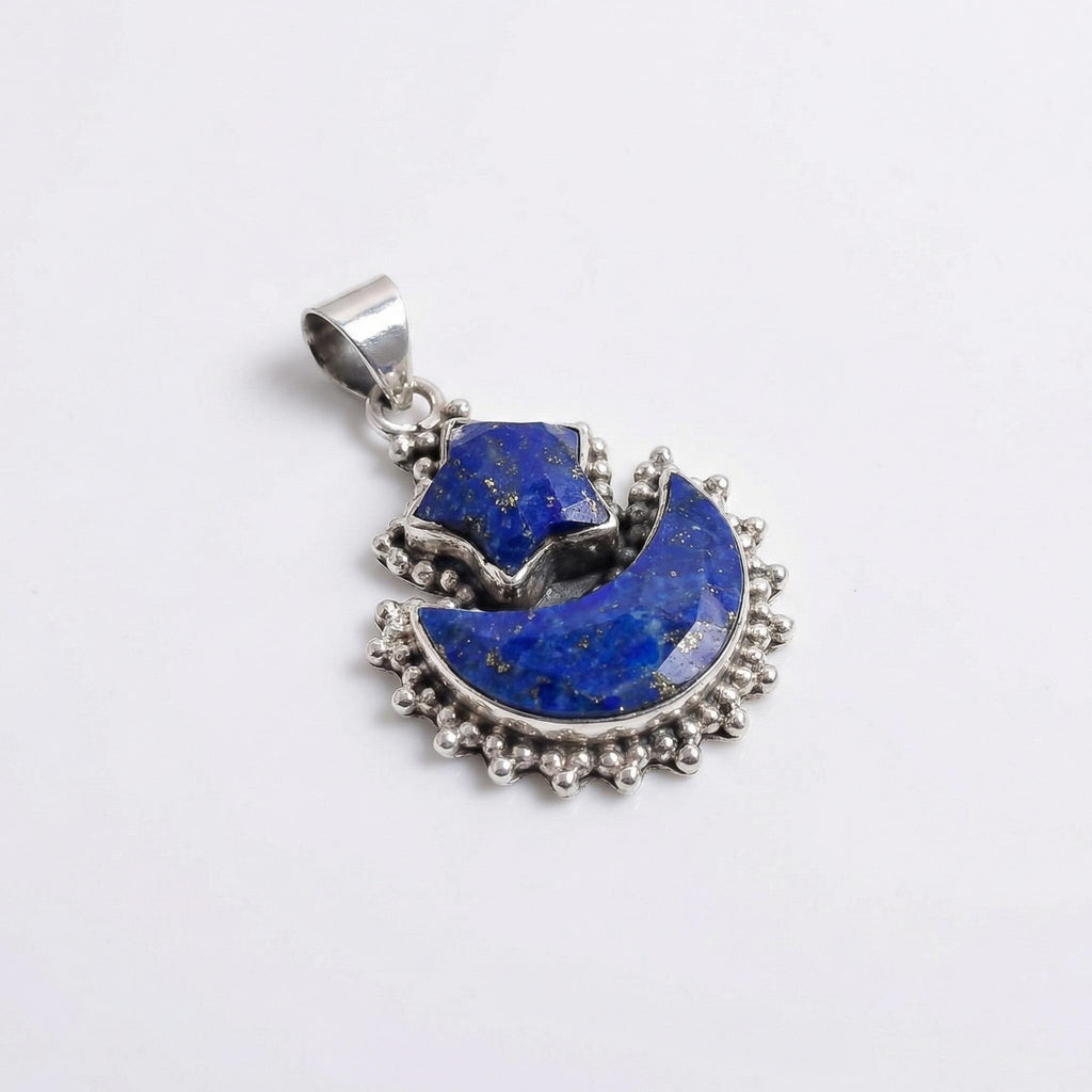 Natural Lapis Lazuli Crescent Moon Star Sterling Silver Pendant - Celestial Blue Gem