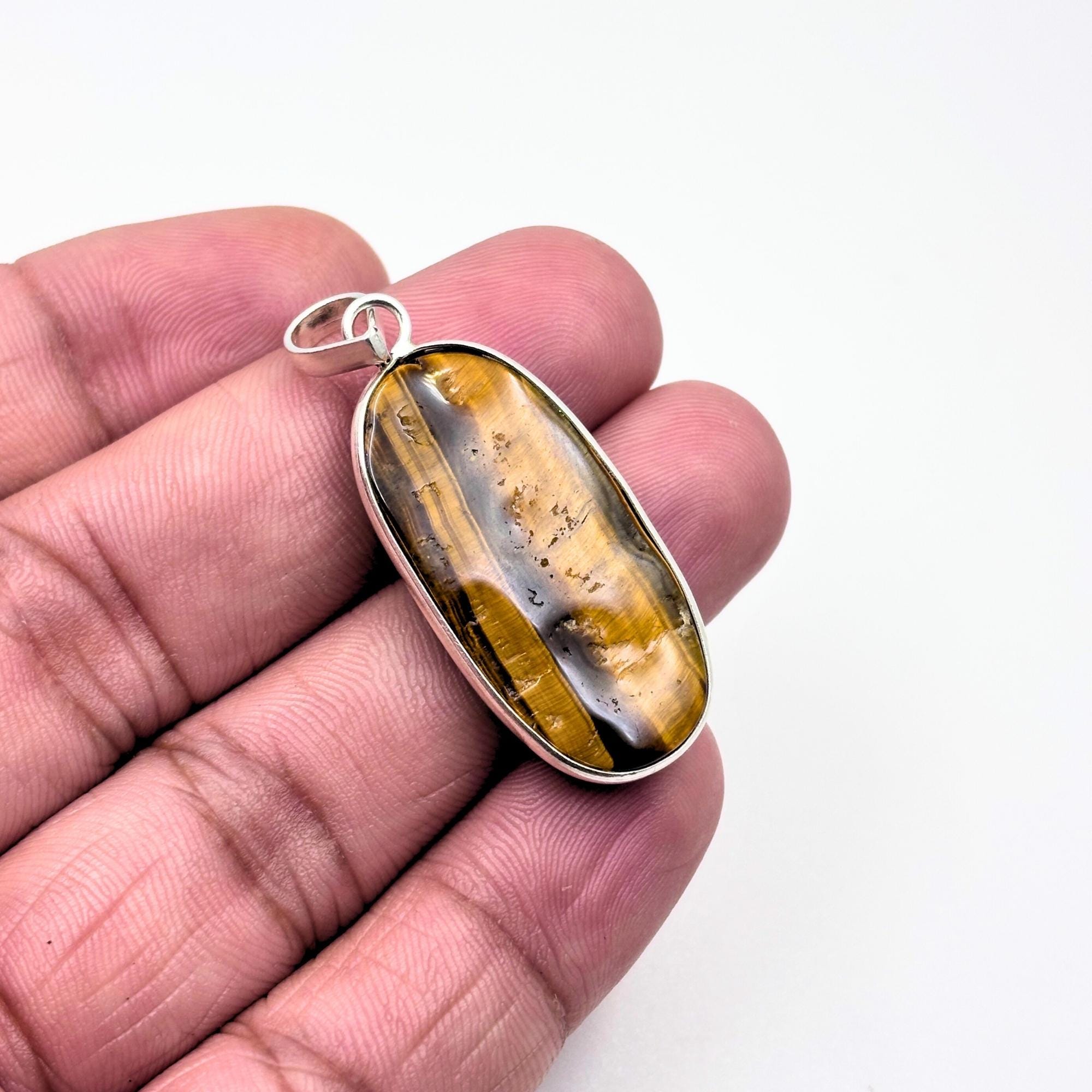Tiger Eye Pendant Necklace, 925 Sterling Silver Golden Brown Crystal Pendant, Boho Gemstone Jewelry Gift for Her