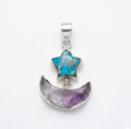 Turquoise Star & Amethyst Moon Pendant: Sterling Silver Celestial Charm