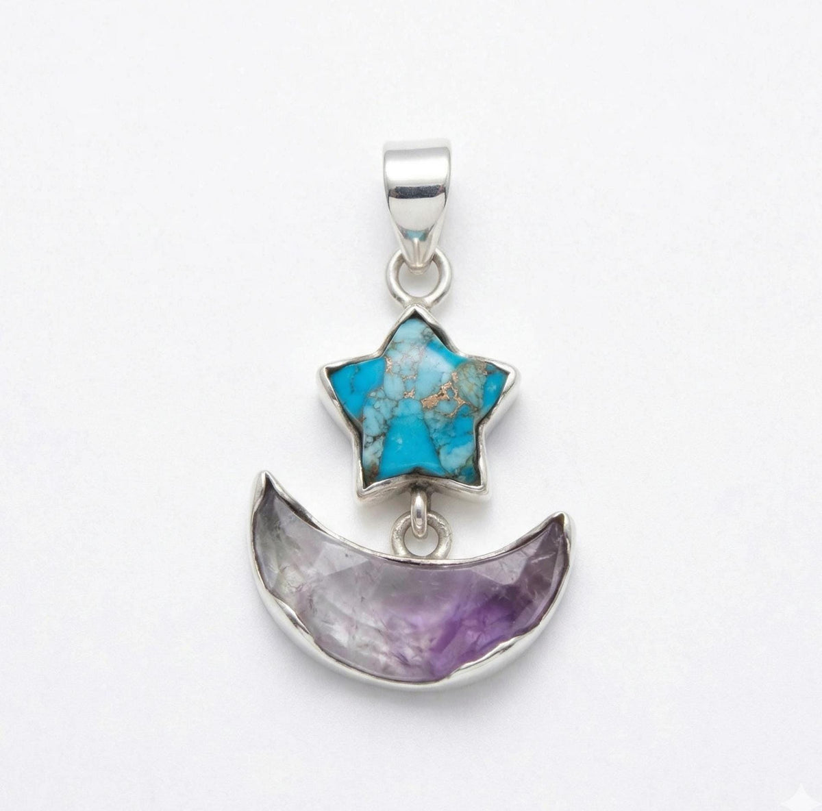 Turquoise Star & Amethyst Moon Pendant: Sterling Silver Celestial Charm