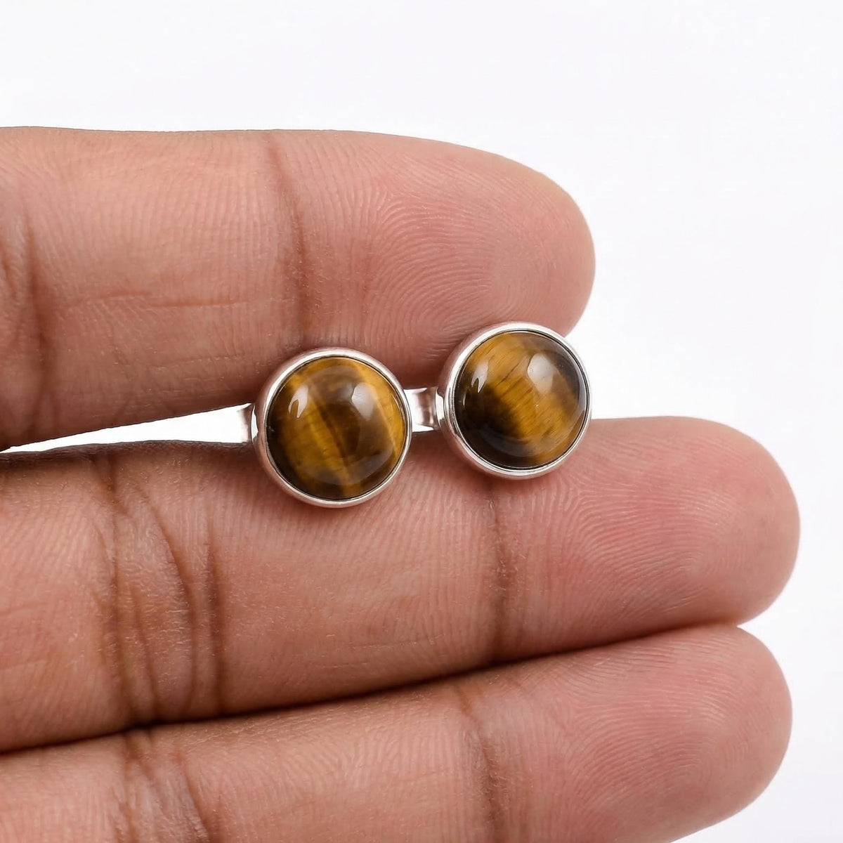 Round Tiger Eye Stud Earrings 925 Sterling Silver - Natural Golden Brown Cabochon Studs