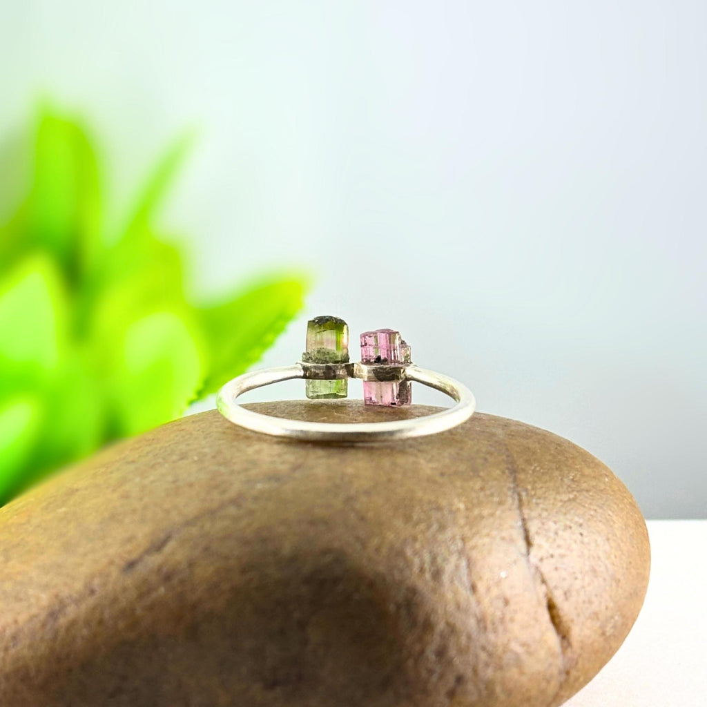 Watermelon Tourmaline Bar Sterling Silver Ring | Raw Gemstone Stacking Ring | Handmade Minimalist Statement Jewelry