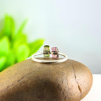 Watermelon Tourmaline Bar Sterling Silver Ring | Raw Gemstone Stacking Ring | Handmade Minimalist Statement Jewelry