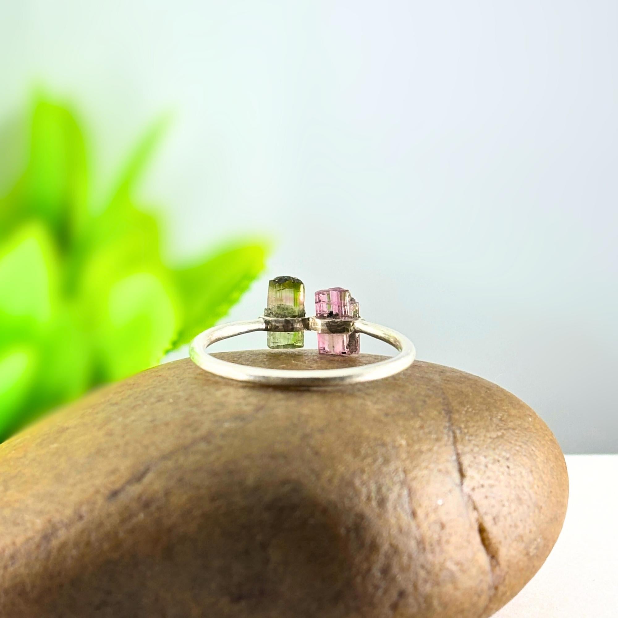 Watermelon Tourmaline Bar Sterling Silver Ring | Raw Gemstone Stacking Ring | Handmade Minimalist Statement Jewelry