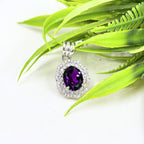 Amethyst CZ Double Halo Pendant in 925 Sterling Silver – Luxe Oval Purple Gemstone Necklace, Sparkling February Birthstone Jewelry