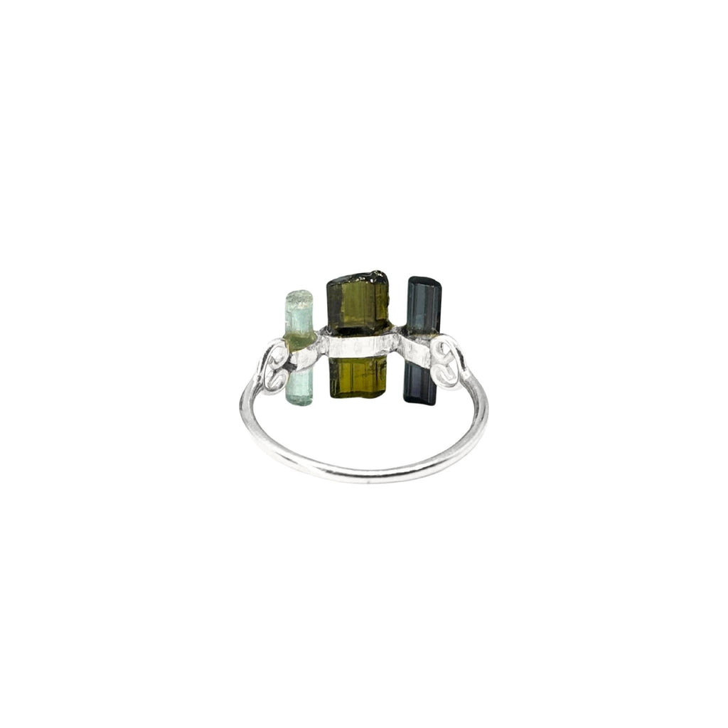 Raw Green & Blue Tourmaline Bar Ring: Handmade Sterling Silver Stacking Ring