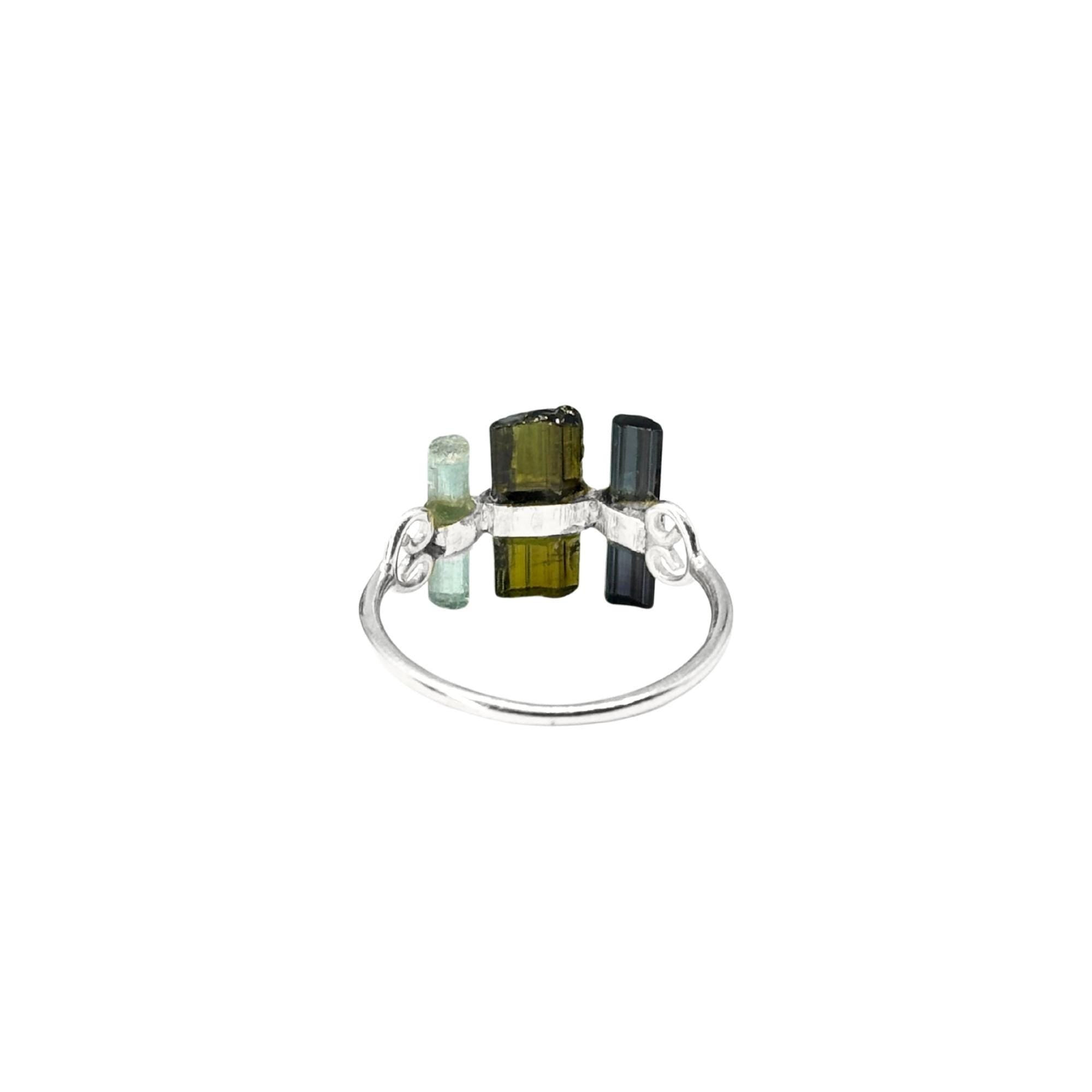 Raw Green & Blue Tourmaline Bar Ring: Handmade Sterling Silver Stacking Ring