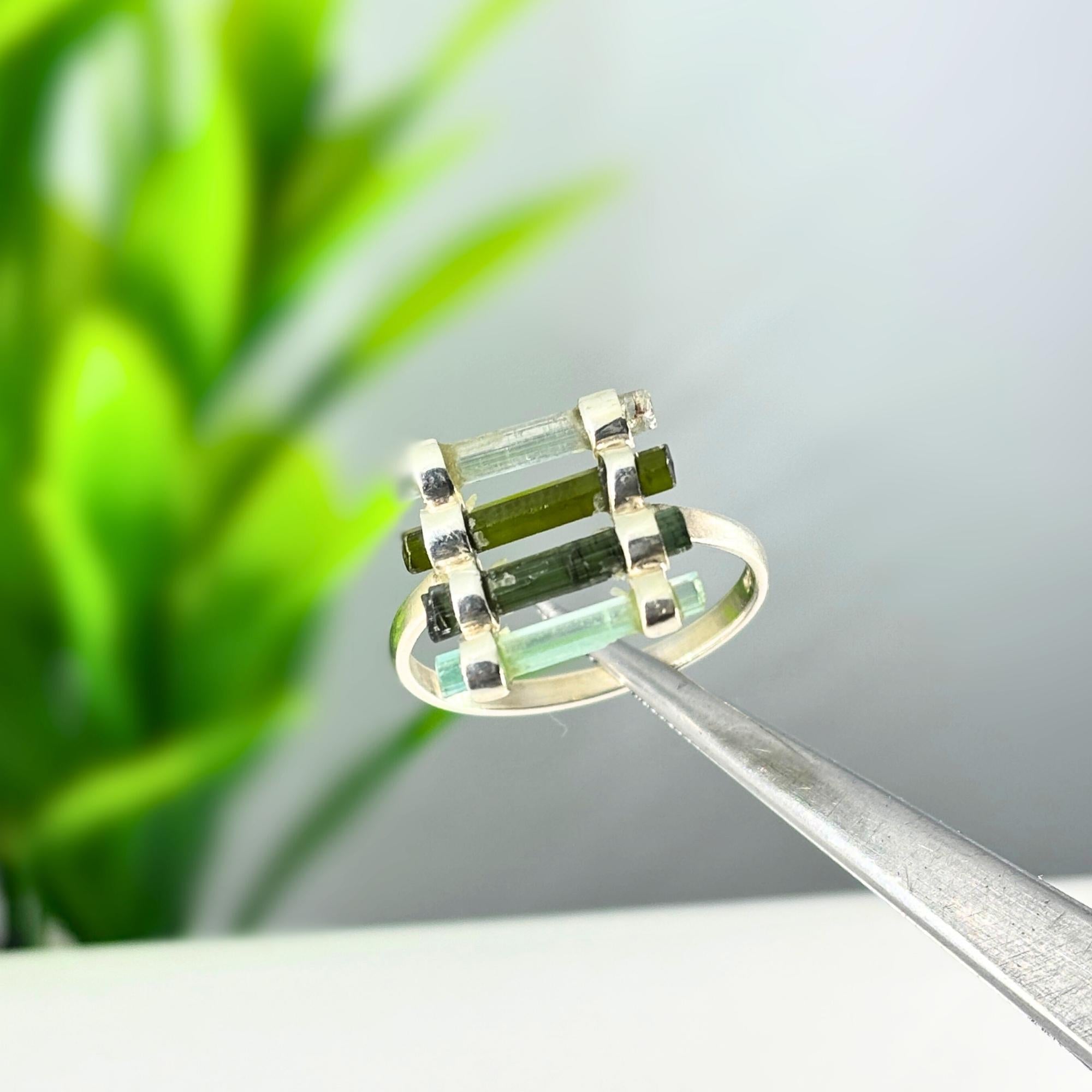 Raw Green Tourmaline Bar Ring: Sterling Silver October Birthstone