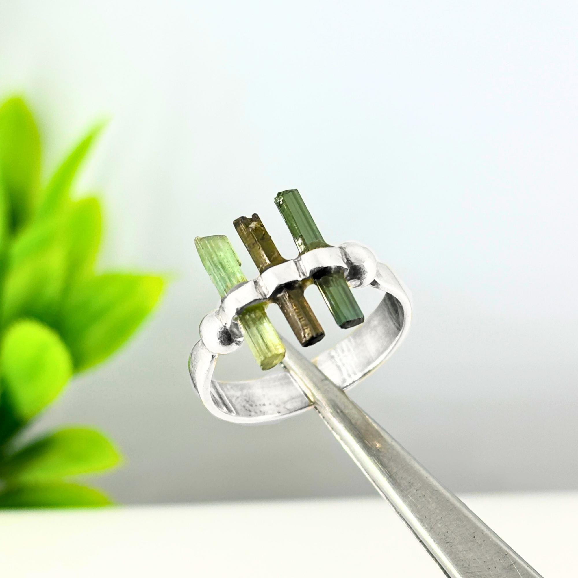 Raw Green Tourmaline Bar Sterling Silver Ring: Handmade Open Band