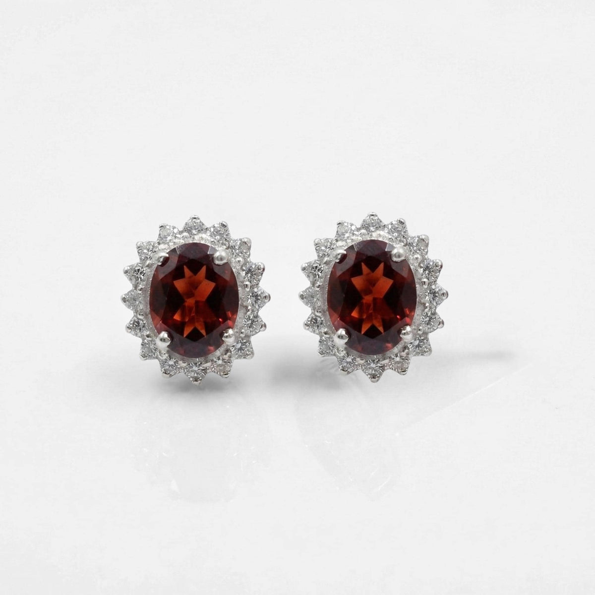 Garnet CZ Stud Earrings 925 Sterling Silver | Oval Gemstone Studs | January Birthstone | Handmade Jewelry