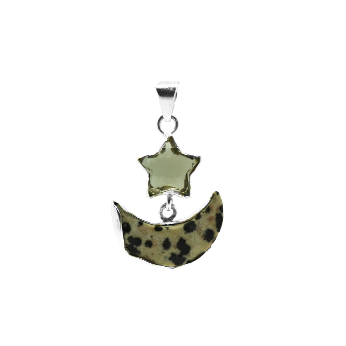 Smoky Topaz Star & Dalmatian Jasper Moon Pendant: Sterling Silver Celestial Charm