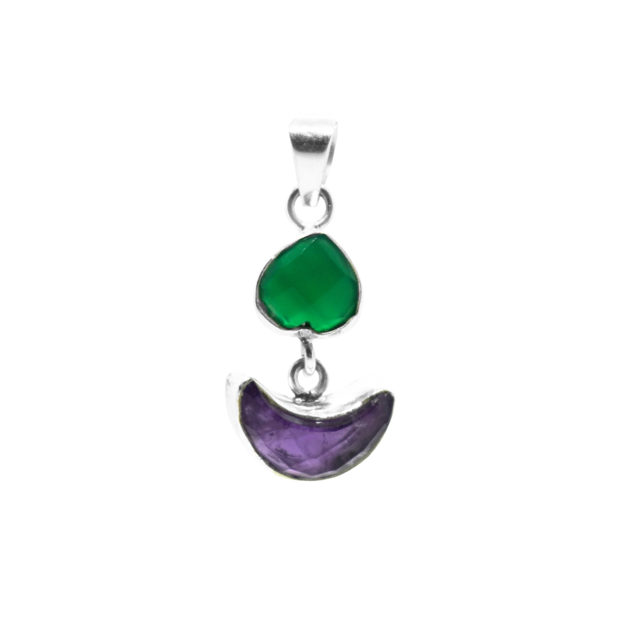 Green Onyx Heart & Amethyst Moon Pendant: Sterling Silver Celestial Charm