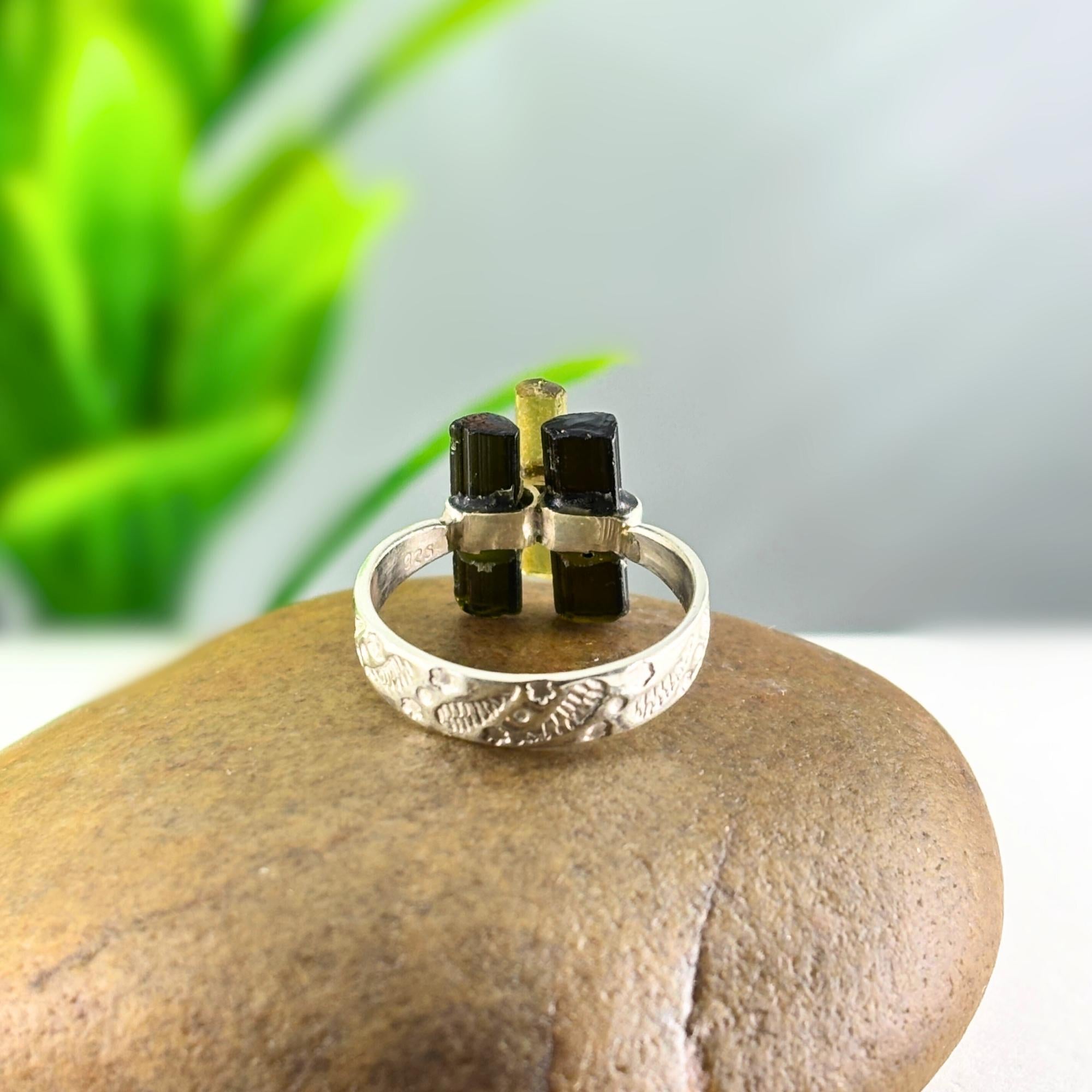 Raw Green Tourmaline Cluster Ring: Sterling Silver Boho Statement Jewelry