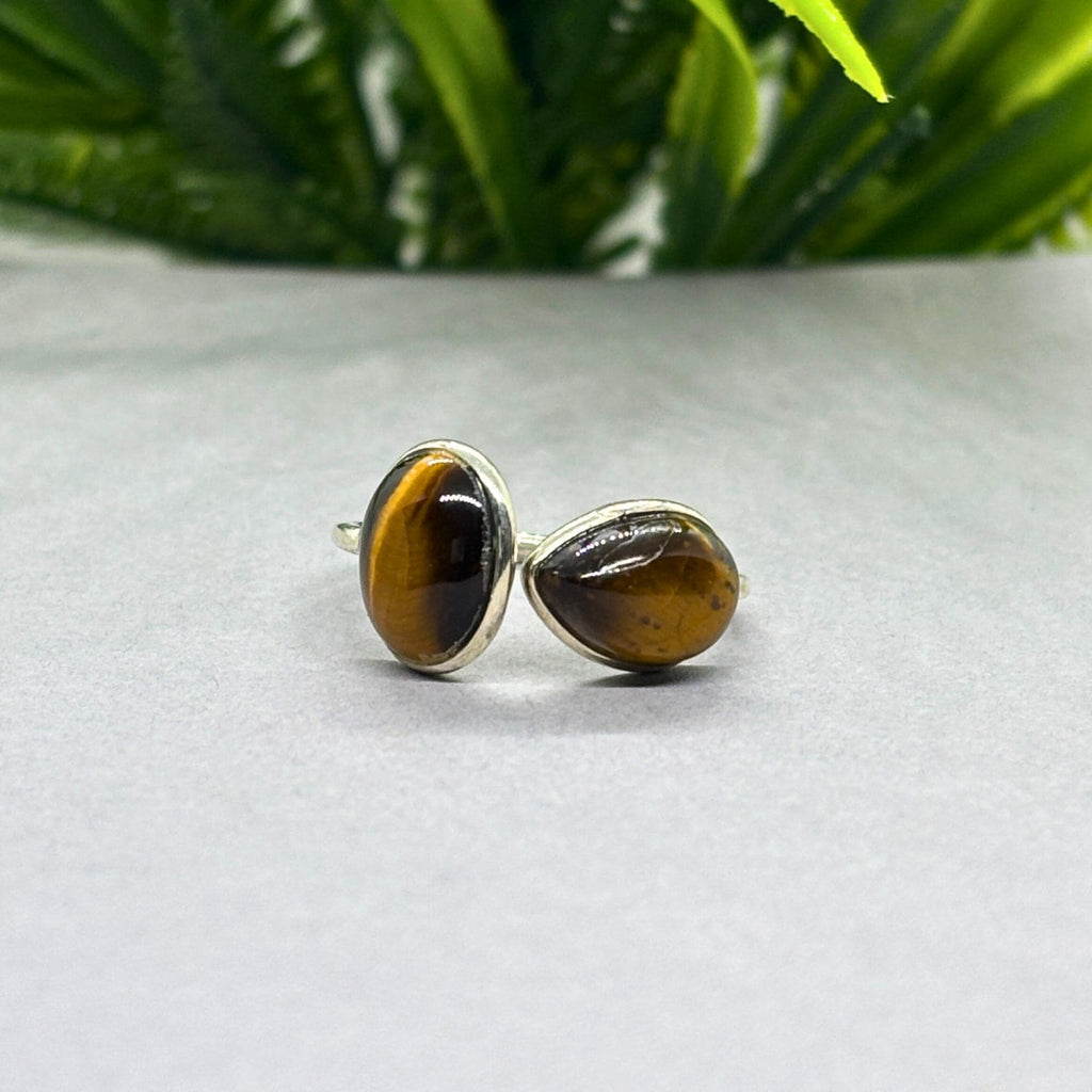 Tiger's Eye Sterling Silver Ring: Oval & Pear Gemstone, Adjustable Boho Jewelry