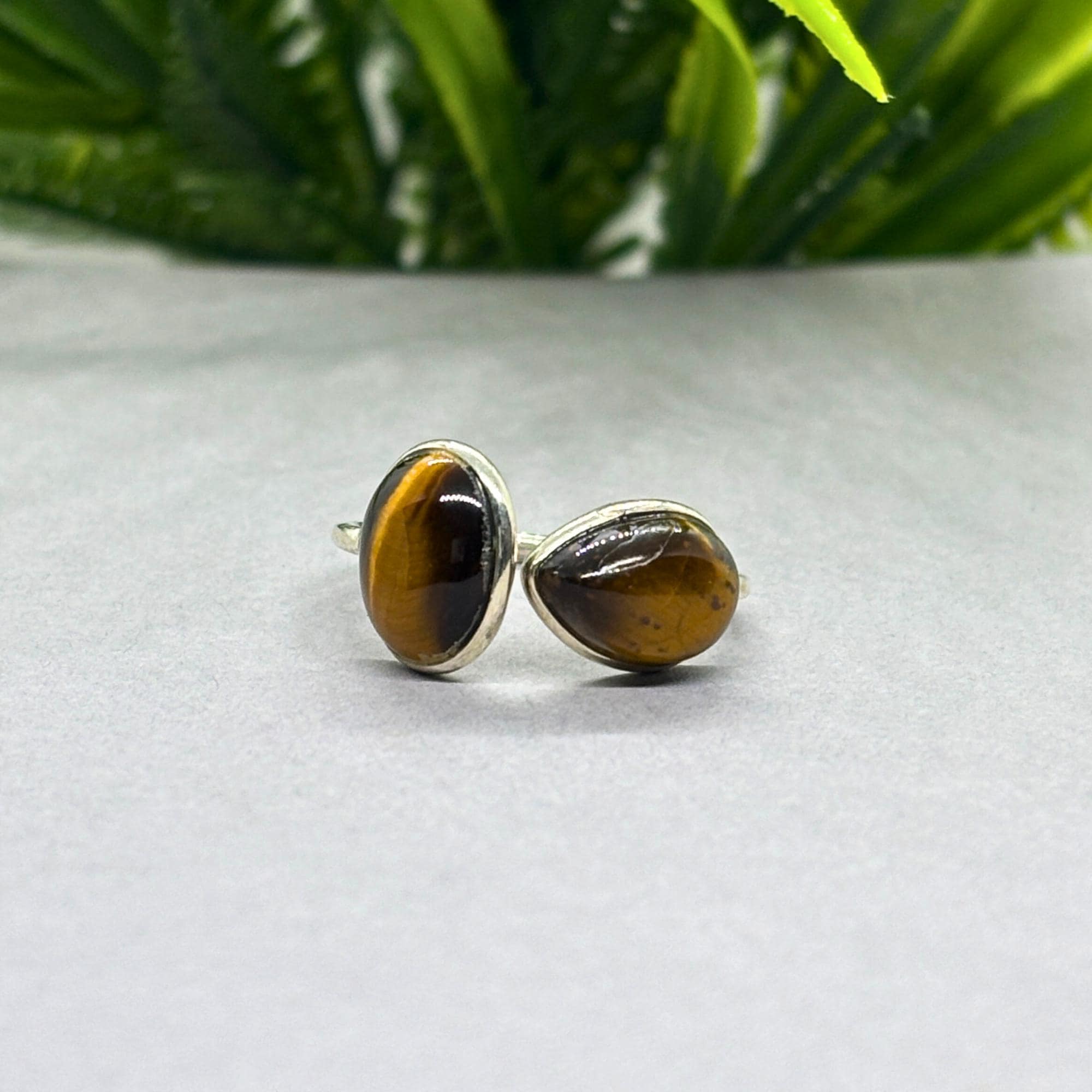 Tiger's Eye Sterling Silver Ring: Oval & Pear Gemstone, Adjustable Boho Jewelry