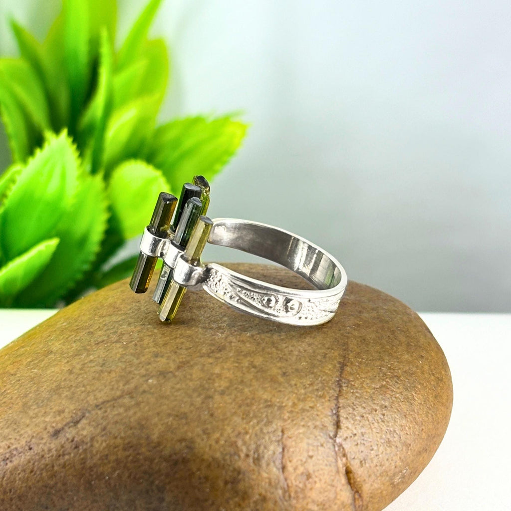 Raw Green Tourmaline Bar Ring: Sterling Silver Minimalist Stacking Ring