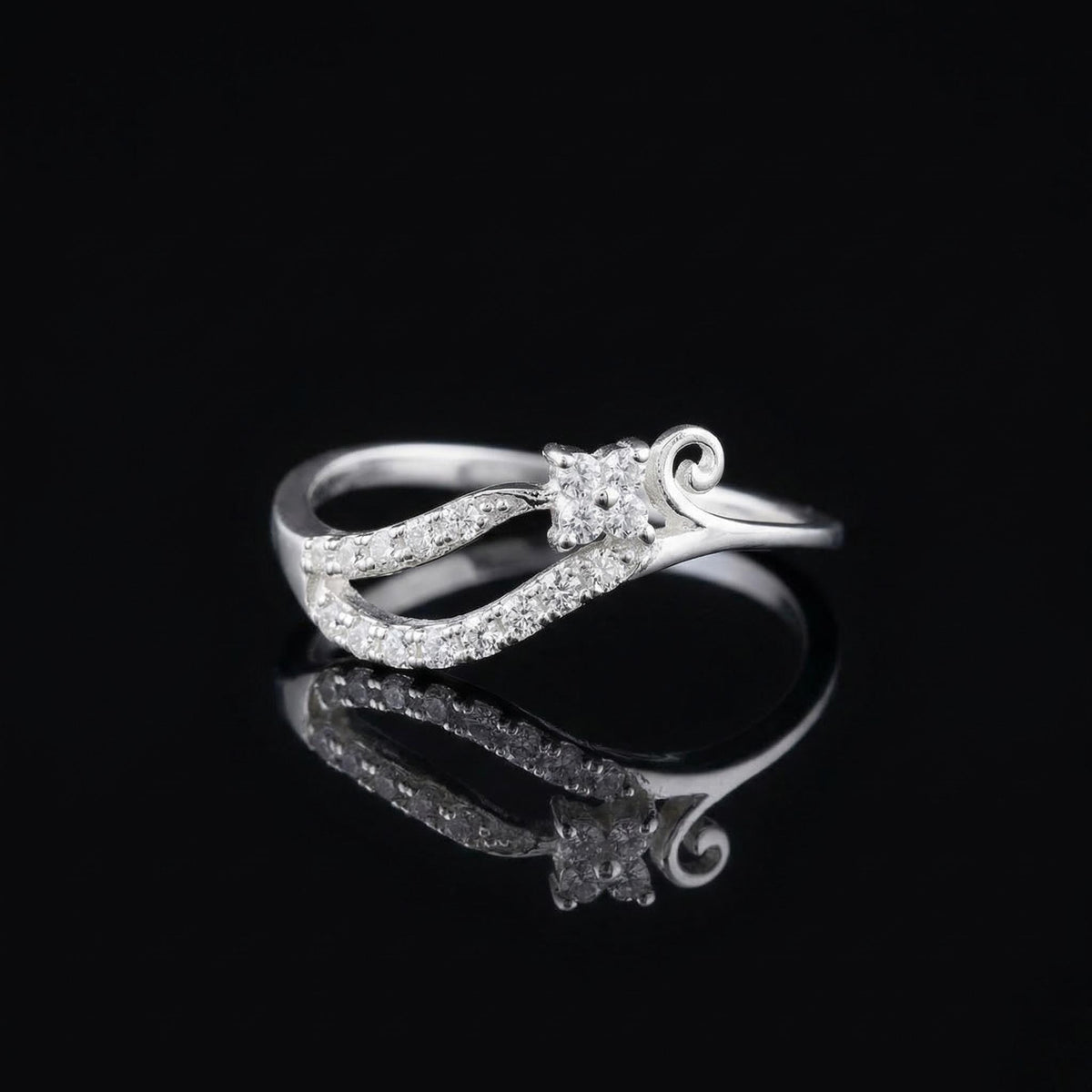 925 Sterling Silver CZ Wave Ring, Swirl Flower Band, Minimalist Stacking Promise Ring