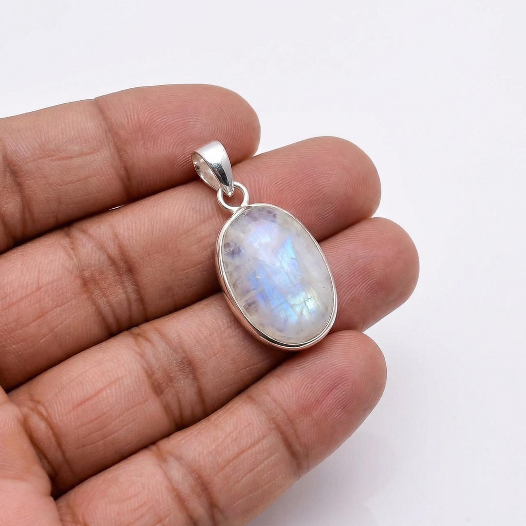 Oval Rainbow Moonstone Pendant – Sterling Silver Boho Gemstone Necklace