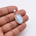 Oval Rainbow Moonstone Pendant – Sterling Silver Boho Gemstone Necklace
