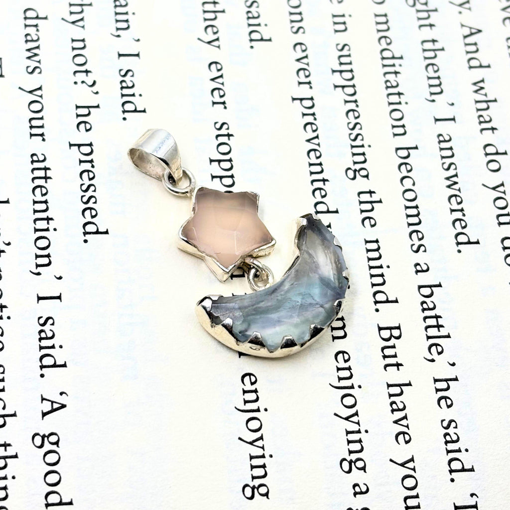Rose Quartz Star and Fluorite Moon Pendant in 925 Sterling Silver – Celestial Gemstone Necklace, Boho Moon and Star Jewelry Gift for Her