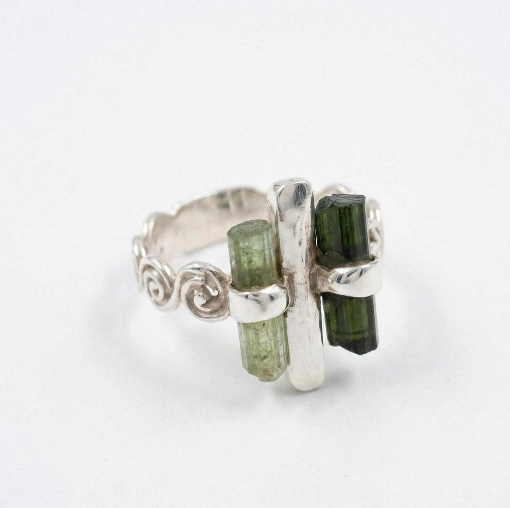 Raw Green Tourmaline Bar Ring: Adjustable Sterling Silver Boho Jewelry