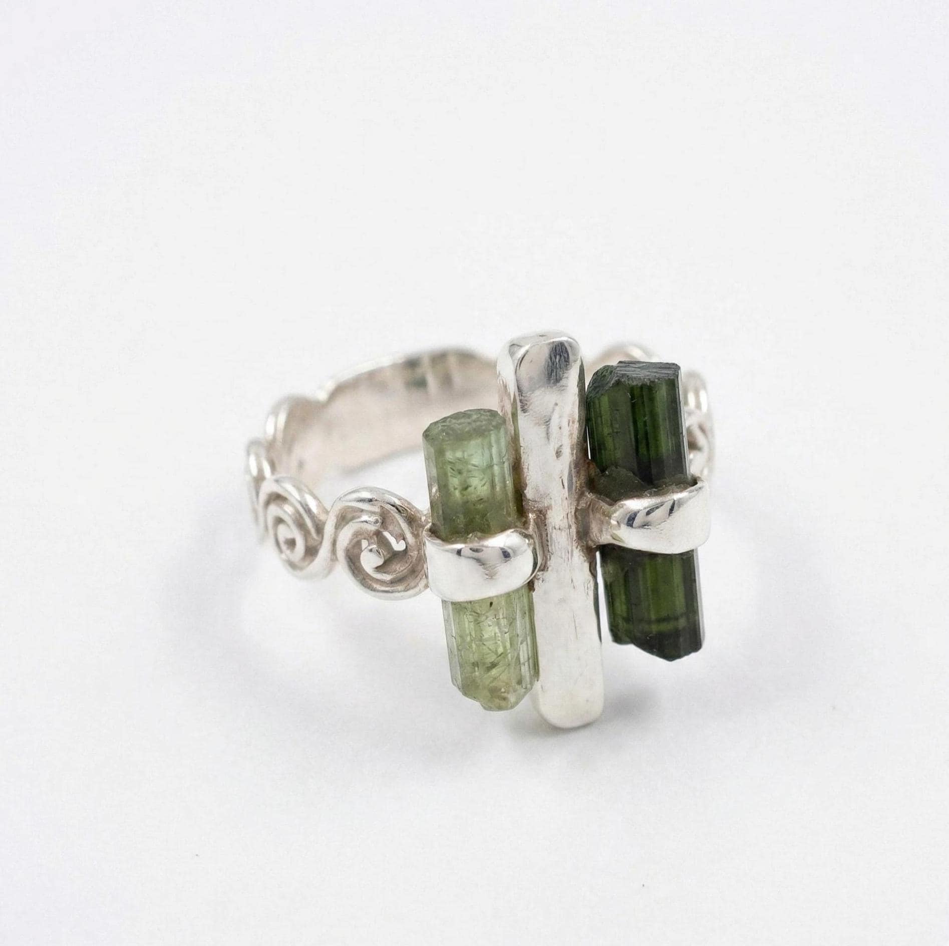 Raw Green Tourmaline Bar Ring: Adjustable Sterling Silver Boho Jewelry