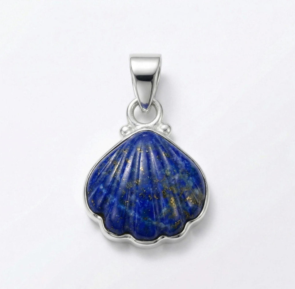 Natural Lapis Lazuli Scallop Sterling Silver Pendant - Textured Blue Gemstone Shell