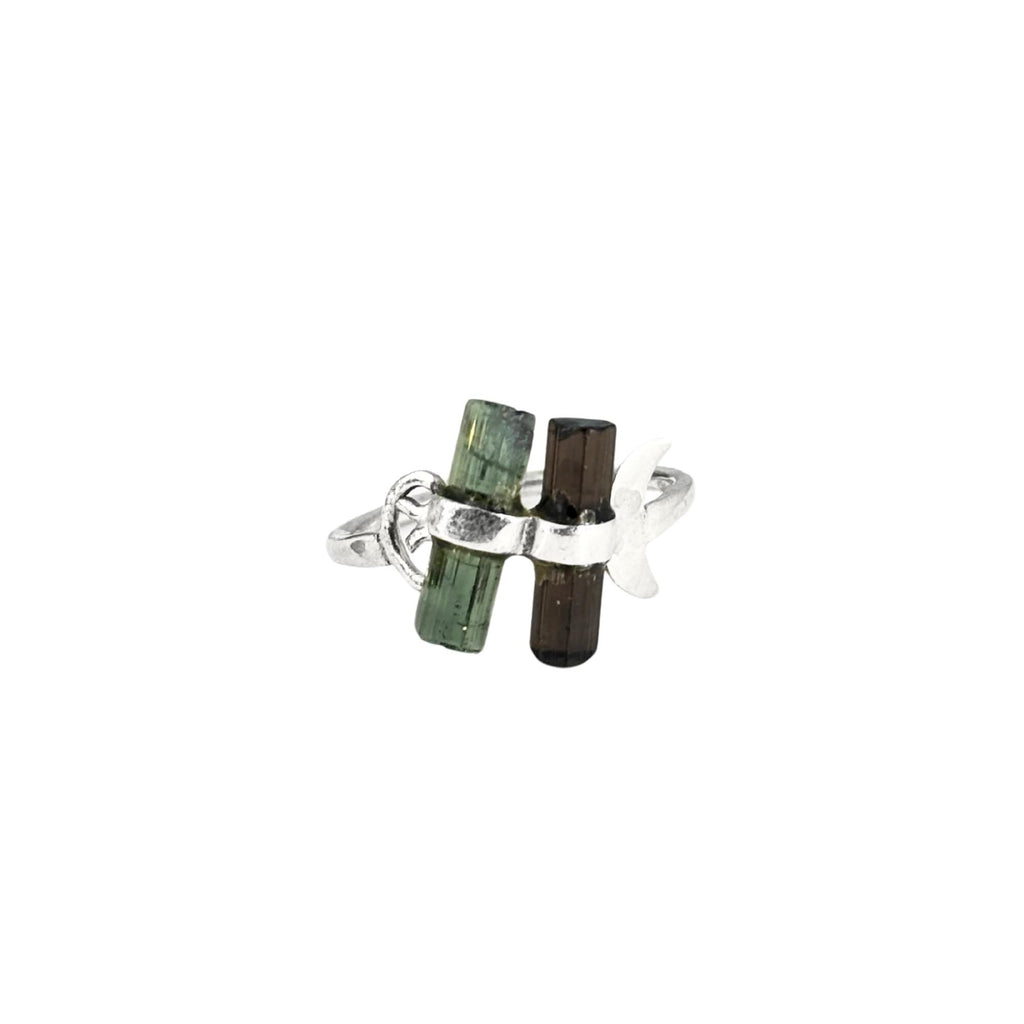 Raw Tourmaline Bar Ring: Sterling Silver Open Band, Green & Blue