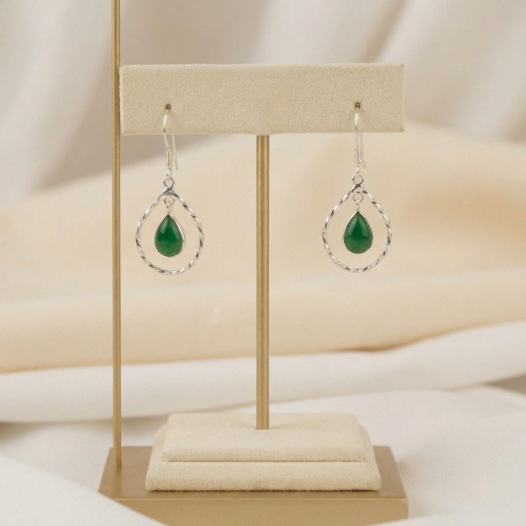 Green Onyx Teardrop Earrings | Hammered Sterling Silver Dangle | Boho Gemstone Jewelry
