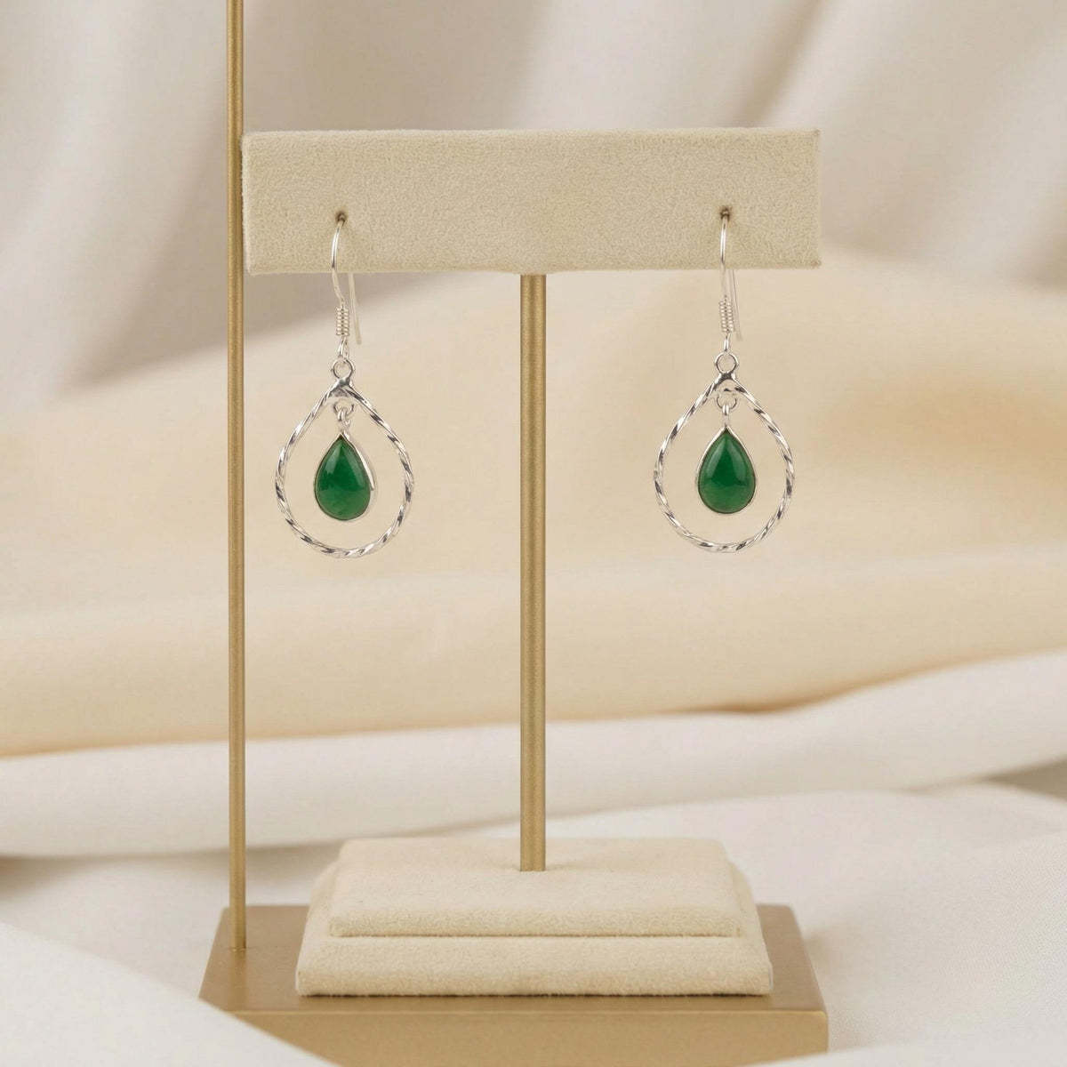 Green Onyx Teardrop Earrings | Hammered Sterling Silver Dangle | Boho Gemstone Jewelry