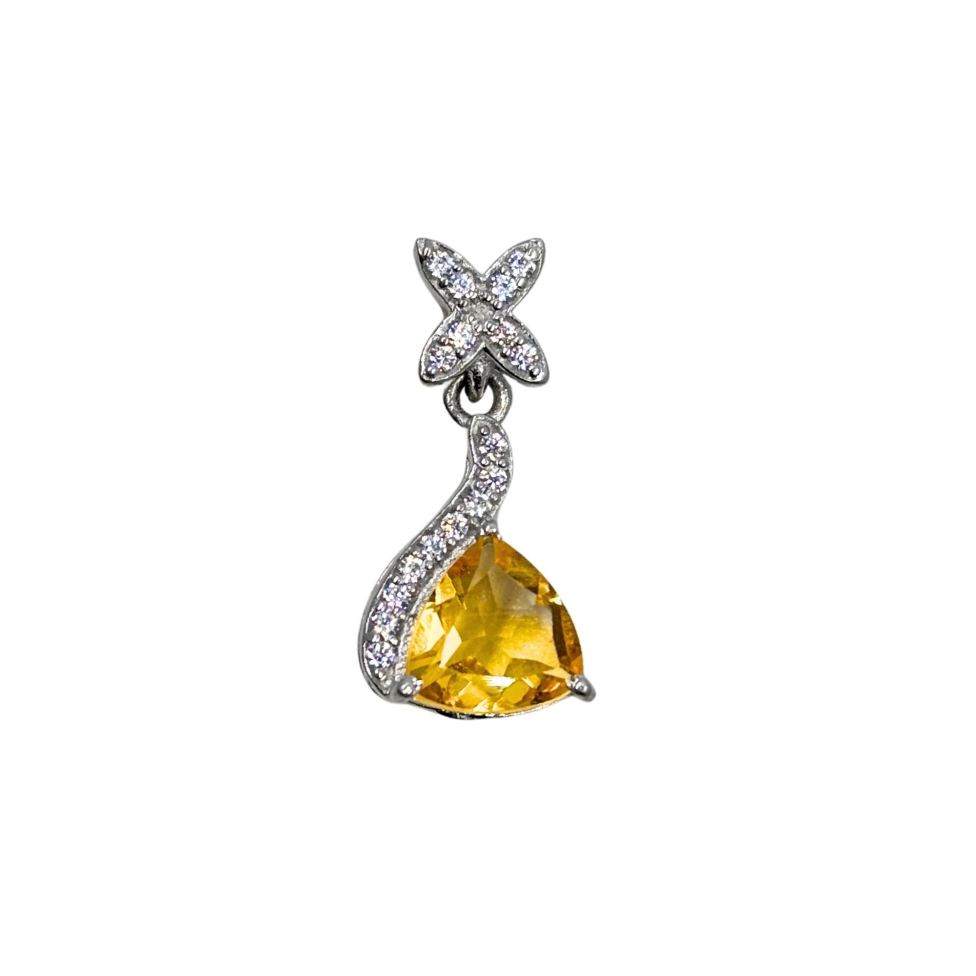 Citrine Trillion Pendant – Sterling Silver CZ Flower Drop, November Birthstone