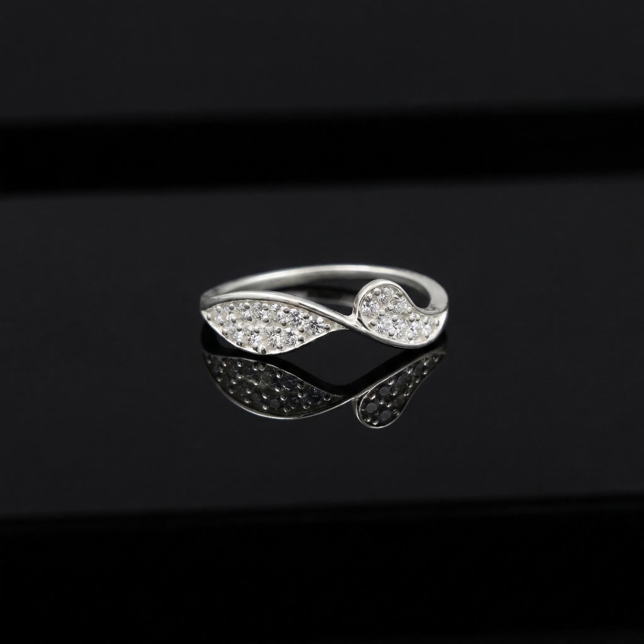Sterling Silver CZ Wave Ring, Dual Pavé Crescent Open Band, Boho Stacker Jewelry