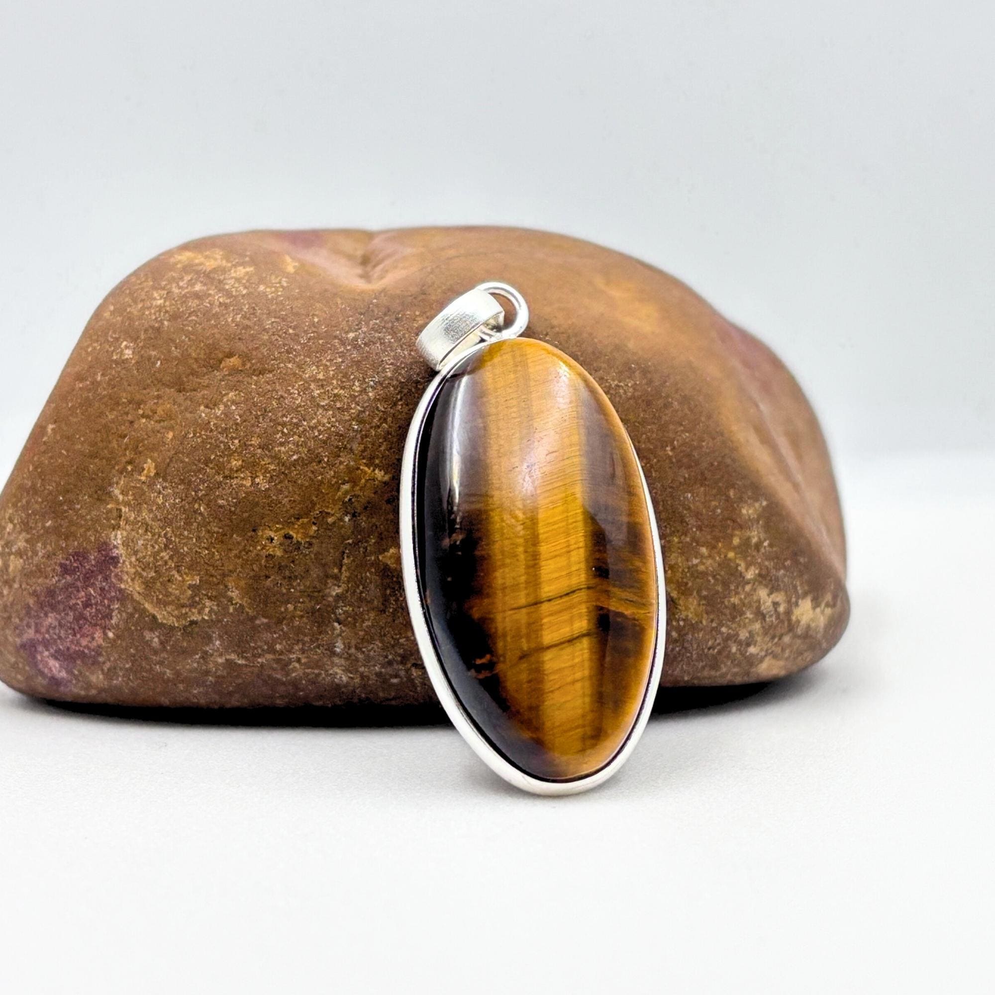 Tiger Eye Pendant Necklace, Oval Sterling Silver Gemstone Necklace, Handmade Protection Jewelry, Crystal Gift for Her
