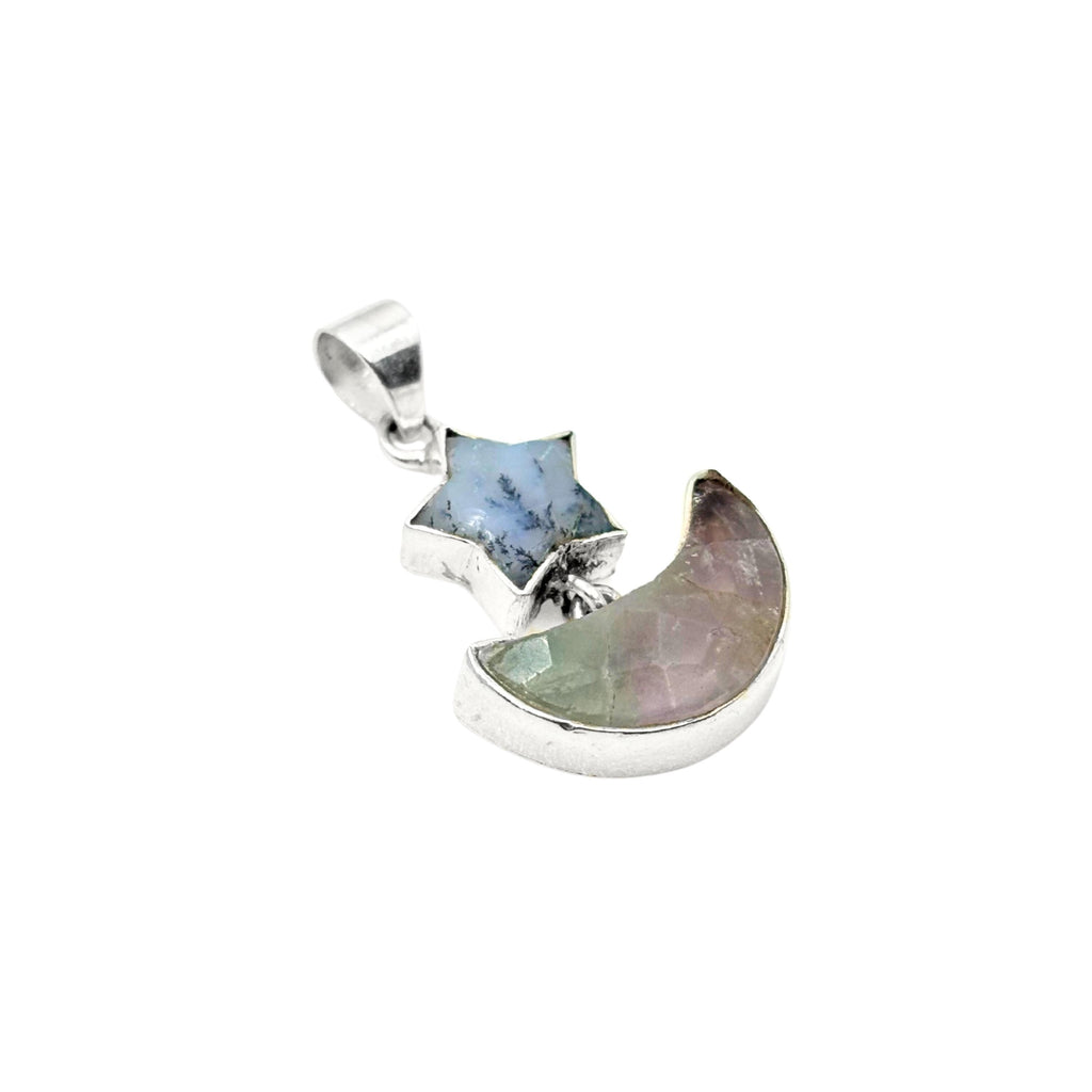 Dendritic Agate Star and Rainbow Fluorite Moon Pendant in 925 Sterling Silver – Celestial Gemstone Necklace, Boho Jewelry Gift for Her
