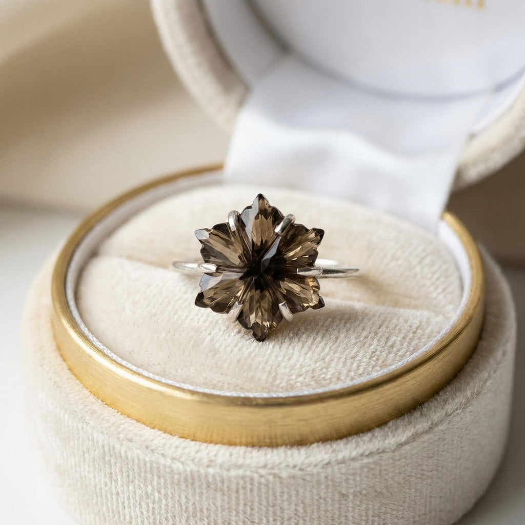 Smoky Quartz Flower Ring: 925 Sterling Silver, Hand-Carved Floral Jewelry
