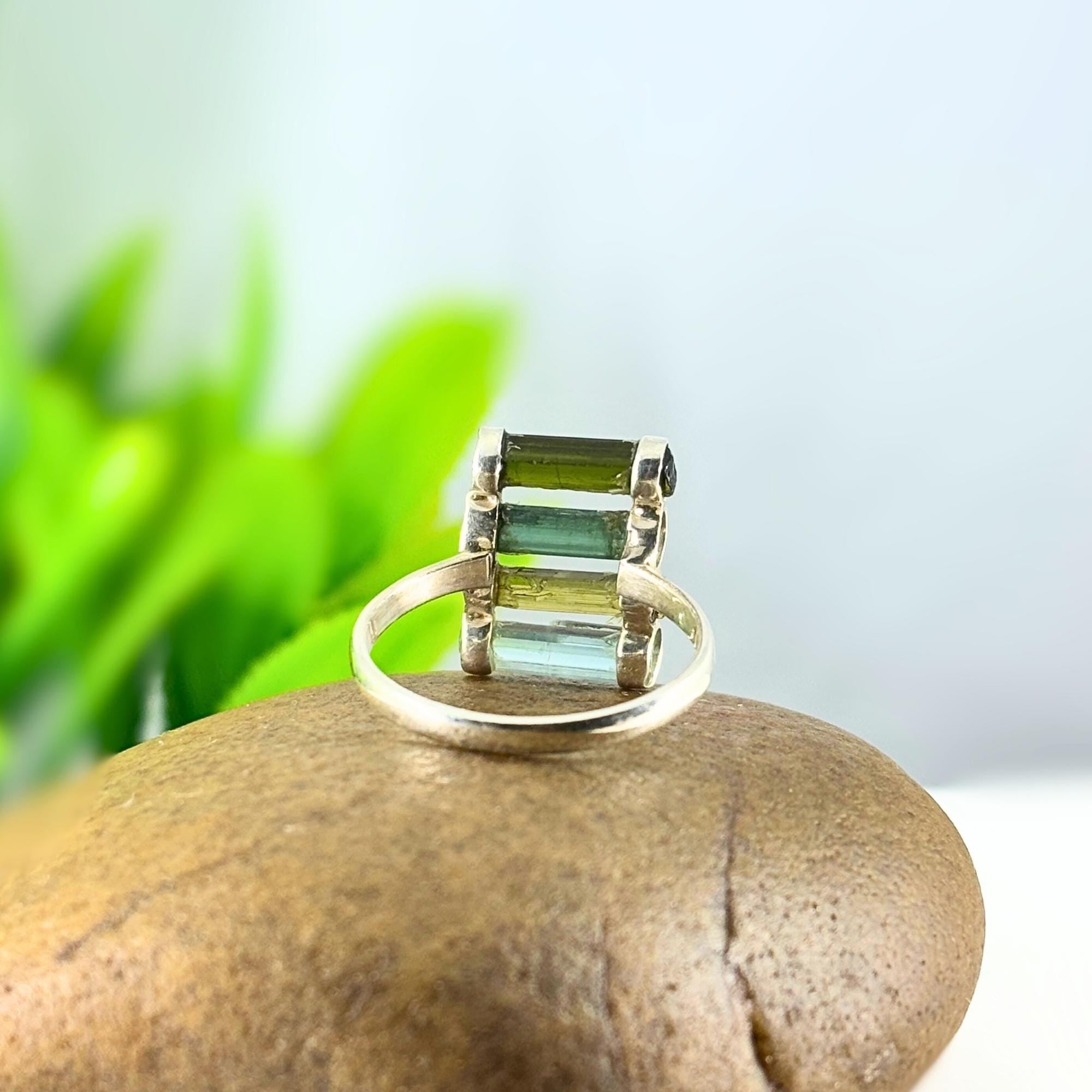 Raw Green Tourmaline Bar Ring: Sterling Silver October Birthstone