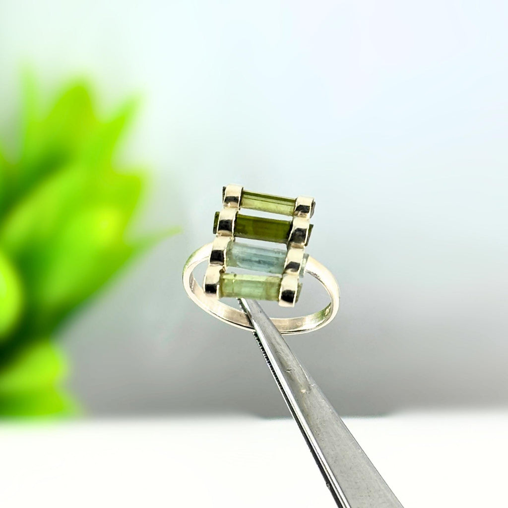 Raw Green Tourmaline Bar Ring: Sterling Silver October Birthstone