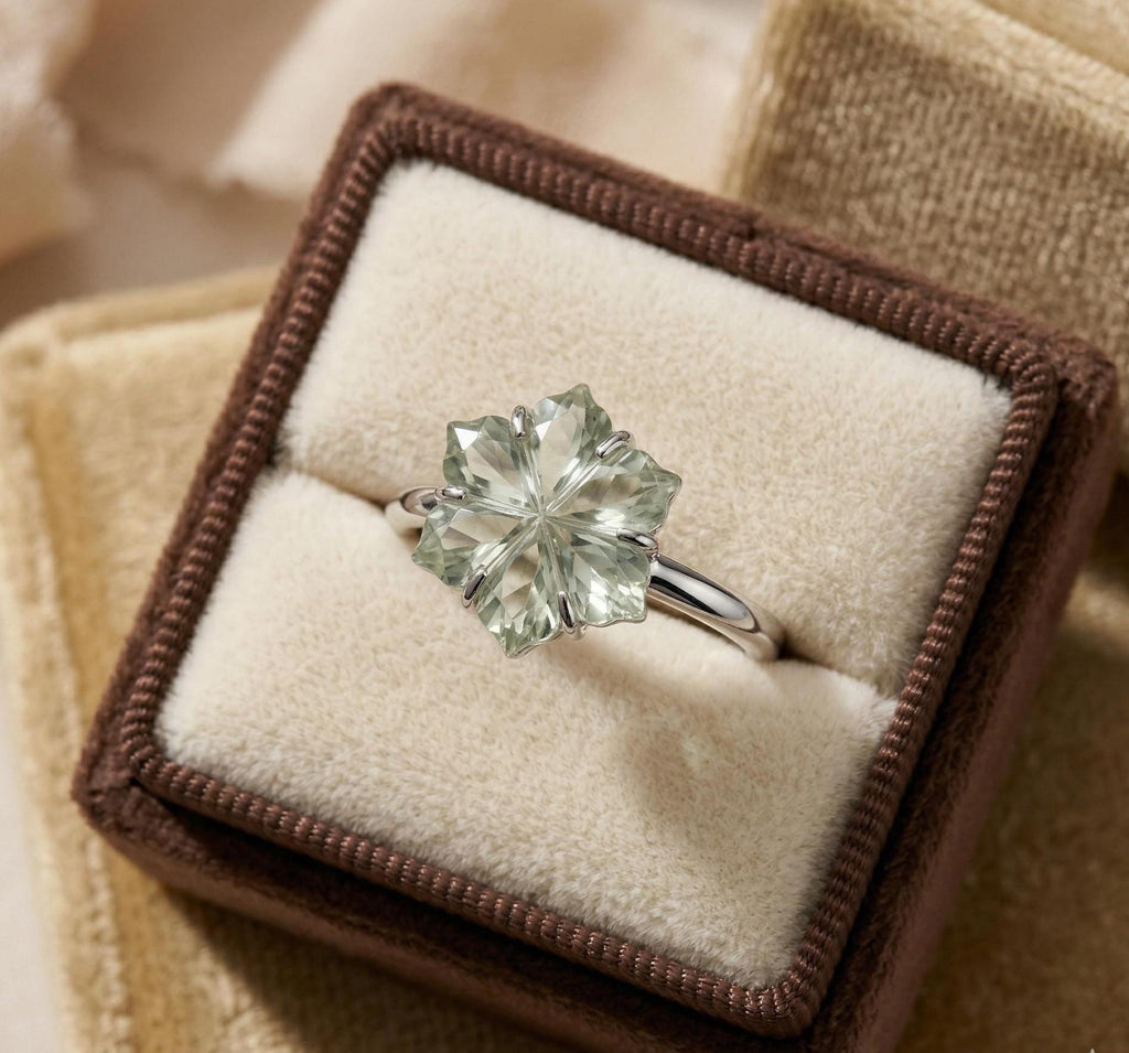 Green Amethyst Flower Ring: Carved Gemstone, 925 Sterling Silver, Boho Floral