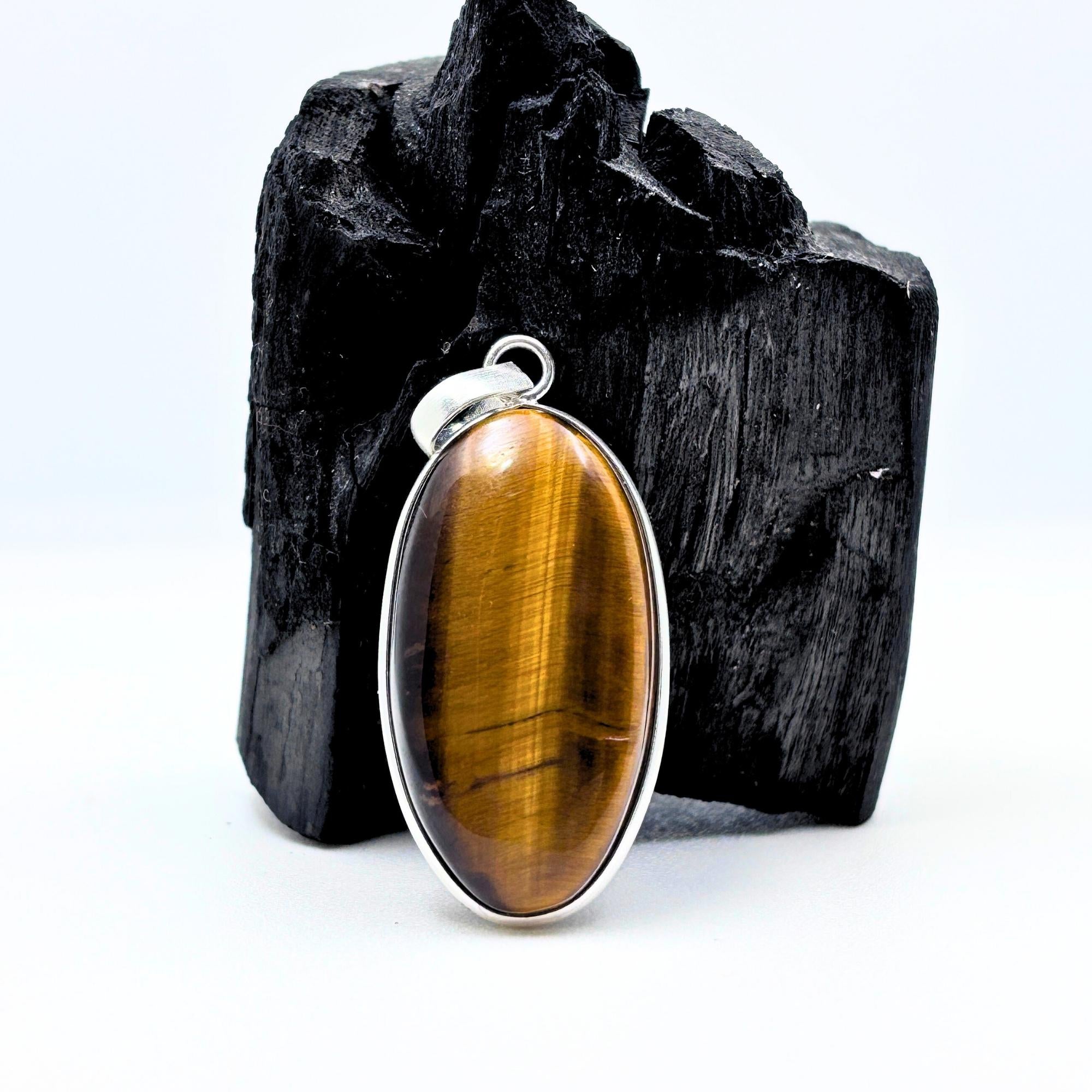 Tiger Eye Pendant Necklace, Oval Sterling Silver Gemstone Necklace, Handmade Protection Jewelry, Crystal Gift for Her