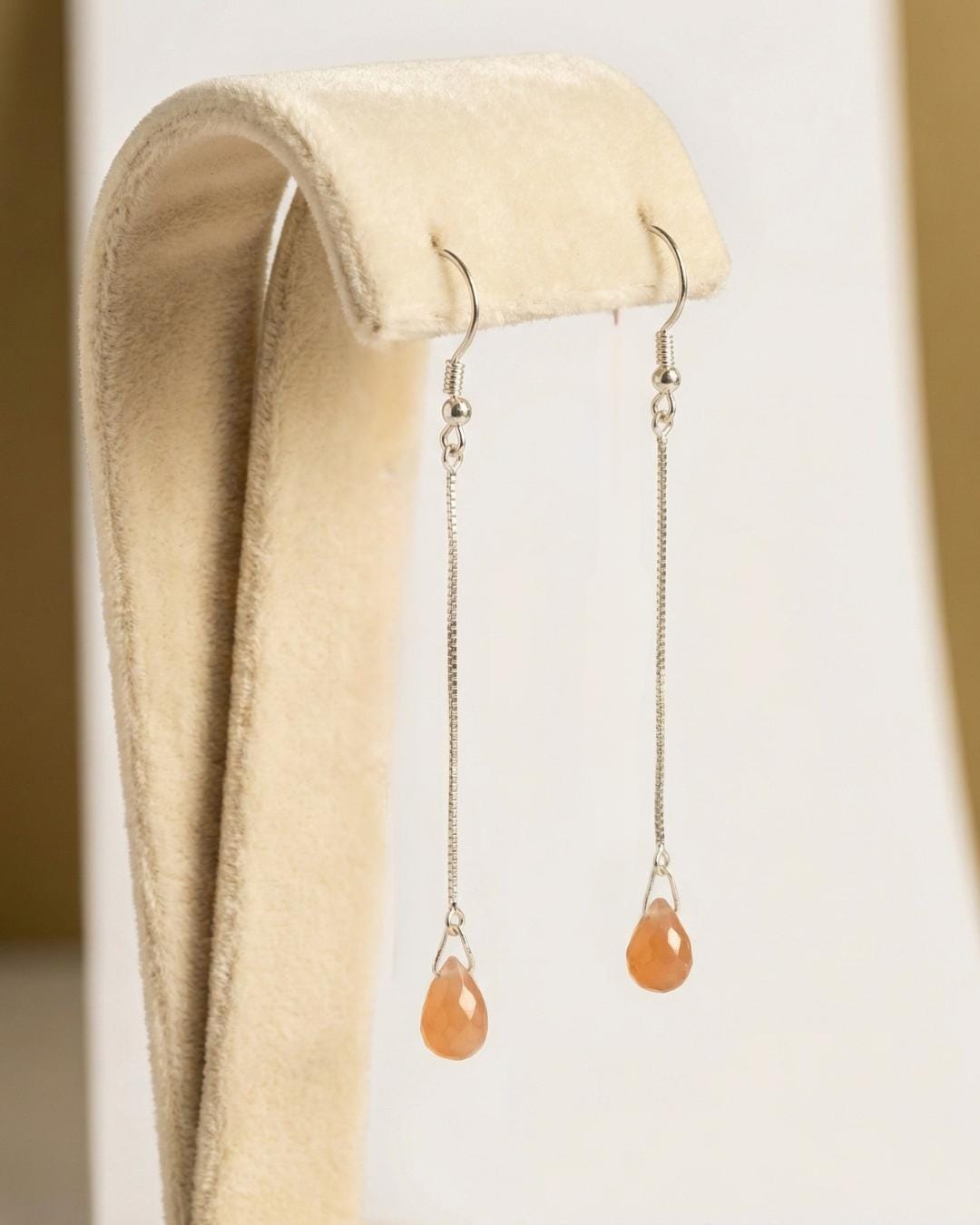 Peach Moonstone Teardrop Dangle Earrings, 925 Sterling Silver, Boho Minimalist Jewelry