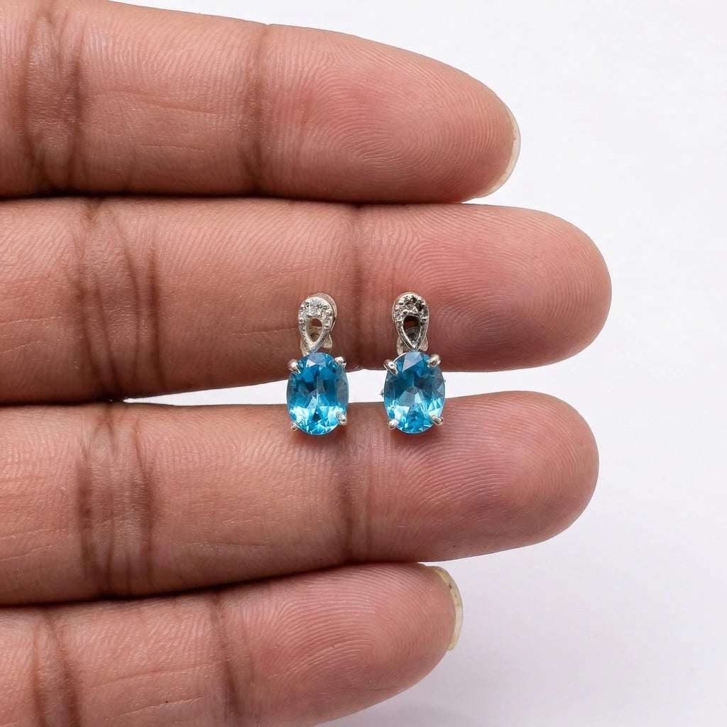 Oval Blue Topaz Drop Stud Earrings 925 Sterling Silver - December Birthstone Dainty Elegance