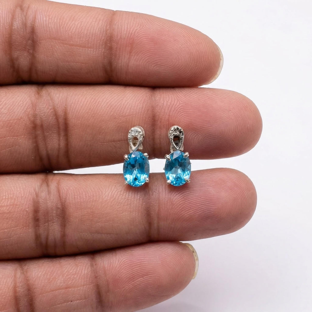 Oval Blue Topaz Drop Stud Earrings 925 Sterling Silver - December Birthstone Dainty Elegance