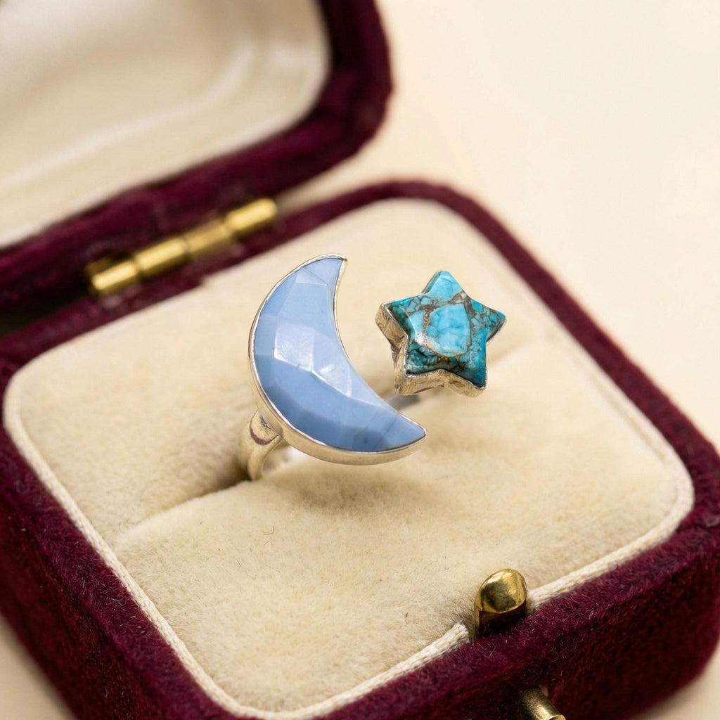Turquoise Star & Blue Opal Moon Ring: 925 Sterling Silver Celestial Jewelry
