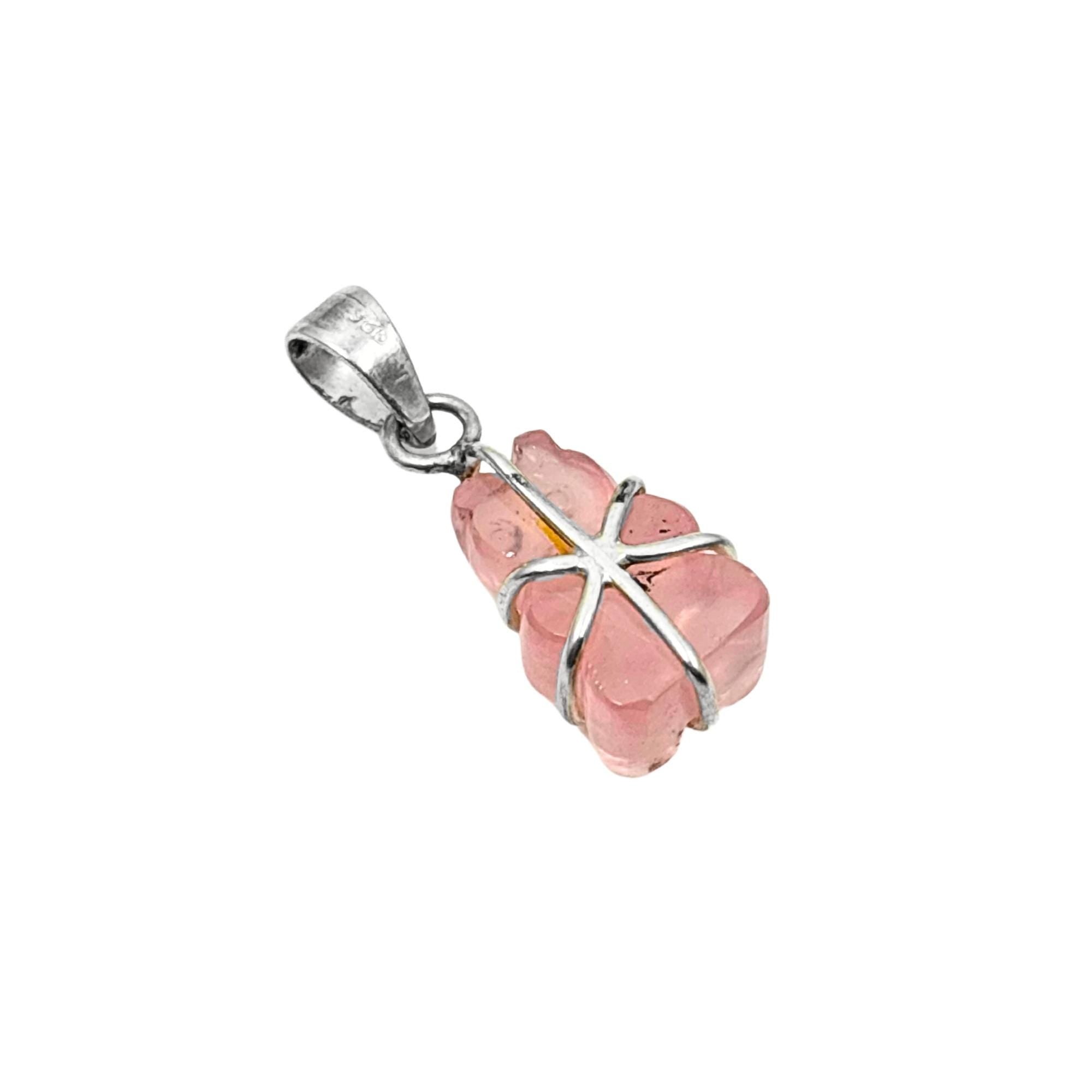 Rose Quartz Teddy Bear Pendant - Sterling Silver Carved Gemstone Charm