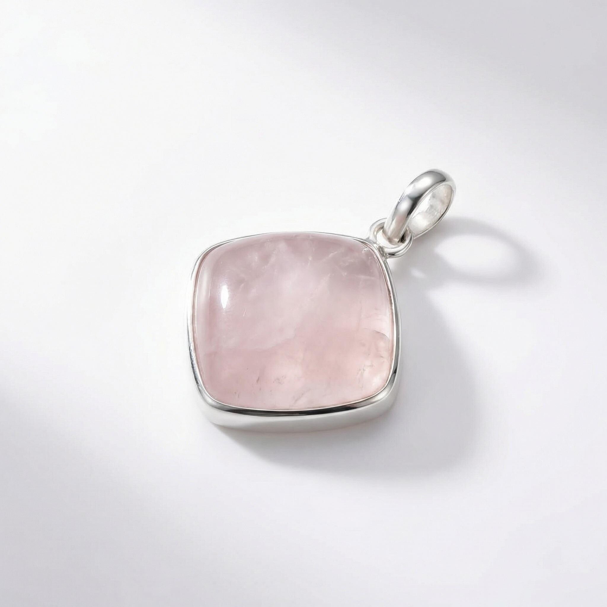 Natural Rose Quartz Square Sterling Silver Pendant - Heart Healing Gemstone