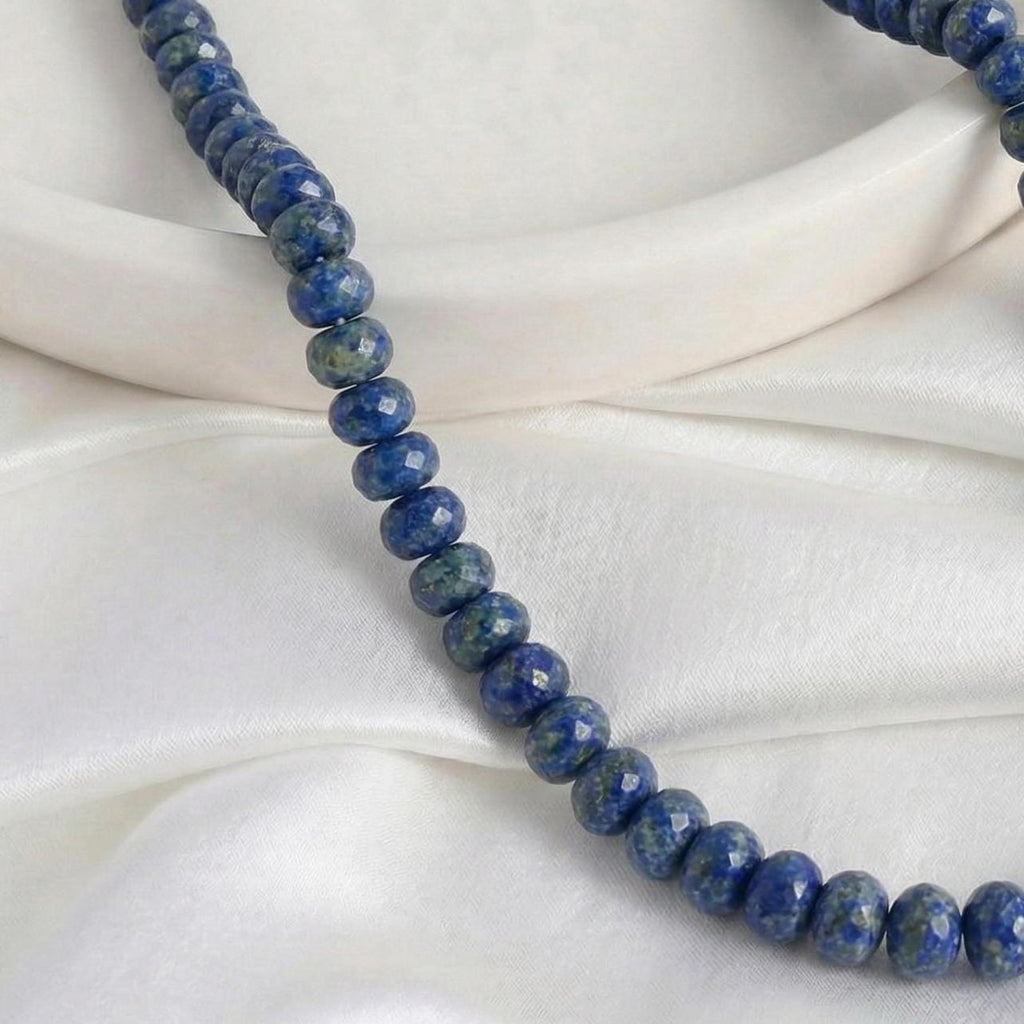 16 Inch Lapis Lazuli Necklace, Pyrite Faceted Rondelle Beads 7-9MM, Blue Gemstone Beaded Necklace, Gift for Her