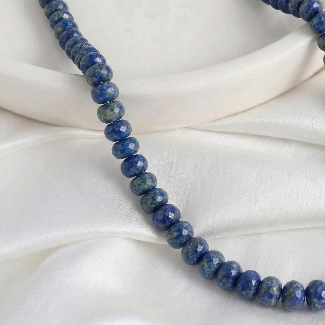 16 Inch Lapis Lazuli Necklace, Pyrite Faceted Rondelle Beads 7-9MM, Blue Gemstone Beaded Necklace, Gift for Her